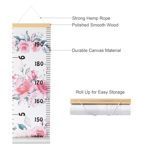 Canvas Kids Growth Chart for Wall, Floral Height Measurement Tracker for Baby Girl, Hanging Ruler with Removable Hook, Nursery Room Playroom Toddler Bedroom Decor, 79”x7.9” Pink