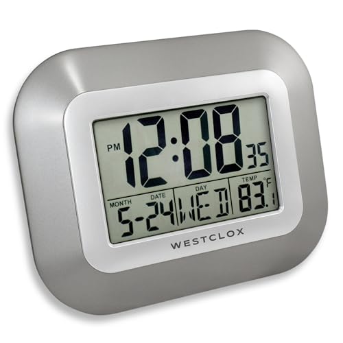 Westclox Large Digital Wall Clock with Date, Day & Temperature – Battery Operated Digital Clock with Alarm & Snooze, 12/24 Hour Display, Stylish Wall or Desk Clock for Home, Office & Bedroom (Gray)