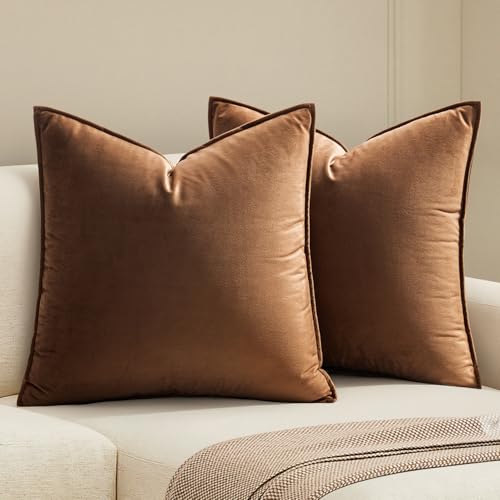 MIULEE Brown Velvet Throw Pillow Covers 18x18 Soft Decorative Solid Square Cushion Cases Pack of 2 Modern Luxury Home Decor for Couch, Sofa, Bedroom