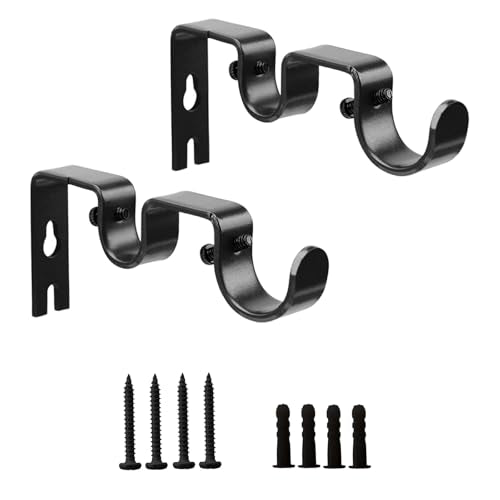 Double Curtain Rod Bracket,2 Pack Metal Curtain Rod Hooks for Wall,Sturdy Curtain Rod Brackets with Screws,Black Wall Mounted Curtain Rod Holders for Bedroom Living Room Office