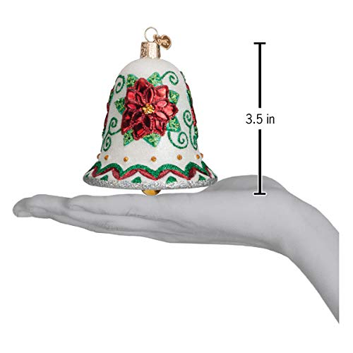 Old World Christmas Poinsettia Bell Glass Blown Ornament for Christmas Tree, Handcrafted Holiday Decoration, Bell Collection