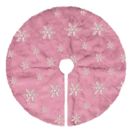 Spring Easter Mini Pink Faux Fur Tree Skirt, 15'' Small Pink Tree Rug with Silver Snowflake, Fluffy Furry Decorations for Pencil Slim Tabletop Tree