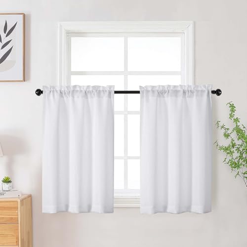 White Kitchen Curtains Tier 36 Inch Length 2 Panels, Faux Linen Textured Light Filtering Short Curtains Drapes for Bathroom Basement Half Window, Rod Pocket Design, White, Each 30Wx36L Inch