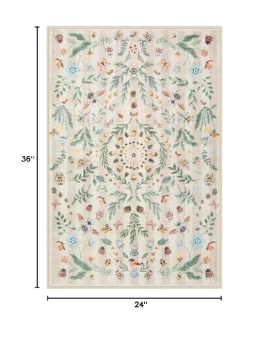 Lahome Washable Insect Botanical 2x3 Area Rugs for Entryway - Machine Washable Non-Slip Kitchen Rugs, Beige Boho Low Profile Soft Faux Wool Indoor Door Mat for Bathroom,Bedroom, Hallway
