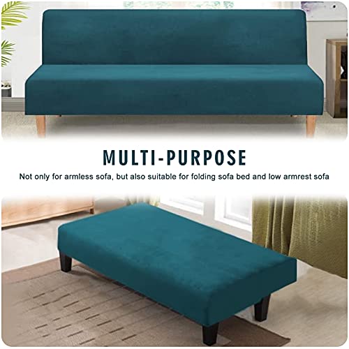 MIFXIN Armless Futon Slipcover Velvet Stretch Folding Sofa Cover Elastic Couch Furniture Protector for Foldable Futon Moving Sofa Bed Without Armrests (Velvet Deep Blue)