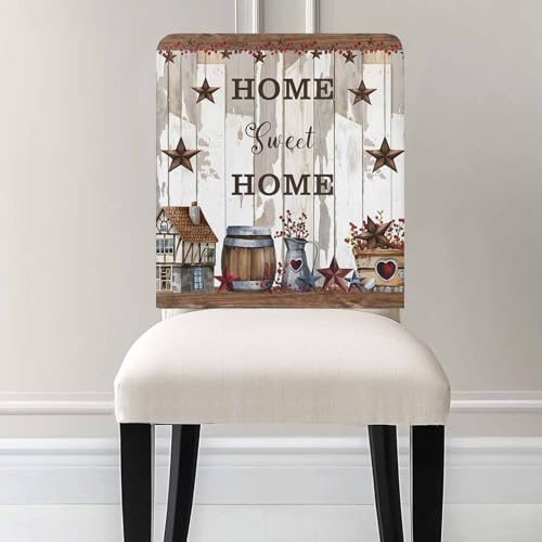 Sweet Home Country Star Dining Chair Cover Set of 4,Removable Chair Back Covers Retro Farm Gray Brown Wood Grain Washable Kitchen Chairs Slipcover for Home Dining Room Office Hotel