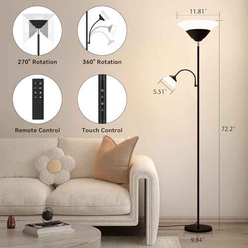 2-in-1 Torchiere Floor Lamp, 34W Super Bright LED Standing Lamp with Remote & Touch Control, 72" Dimmable Adjustable Corner Reading Lamp for Living Room, Bedroom, Office, Black