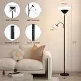 2-in-1 Torchiere Floor Lamp, 34W Super Bright LED Standing Lamp with Remote & Touch Control, 72" Dimmable Adjustable Corner Reading Lamp for Living Room, Bedroom, Office, Black