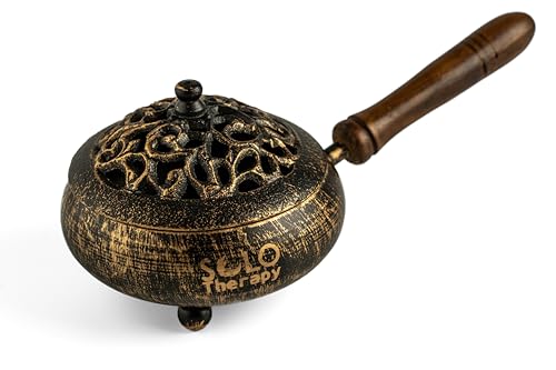 Iron Charcoal Burner with Lid & Wood Handle with Charcoal Tong, 9" Golden Finish, Burner for Incense, Charcoal Burner with Handle, Includes Charcoal Tong