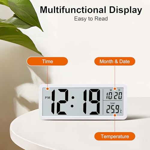 Lafocuse LCD White Digital Wall Clock Battery Operated, 8.5 Inch Large Display Digital Clocks with Date and Temperature, Modern Simple Desk Clock for Bedroom Living Room Office