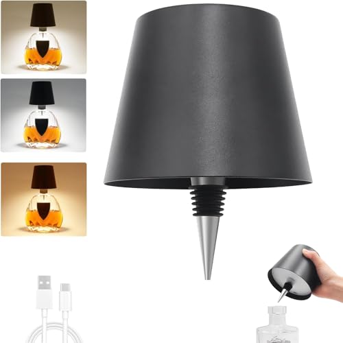 Wireless Bottle Lamp,Metal Wine Bottle Light with 3 Color Light Dimming, Waterproof Bottle Touch Lamp Head for Room, Bar, Restaurants, Party, Decor & Gifts (Black)