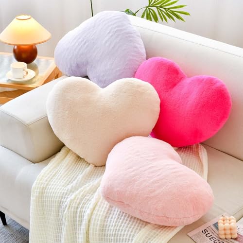 XVTRU Hot Pink Heart Pillows, Cute Heart Decorative Pillow, Heart Shaped Throw Pillows for Bed, Faux Rabbit Fur Plush Hoom Decor Pillow Cushion for Chair Sofa Living Room (Mini 12.9" x 9.8")
