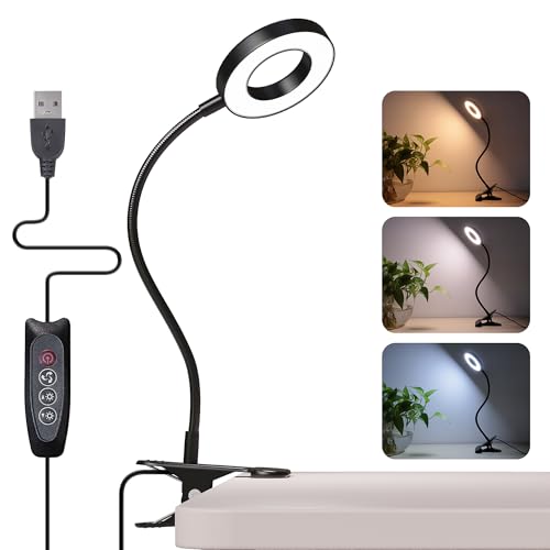 Desk Lamp Clip on Light, 48 LED USB Lamp with 3 Color Modes 10 Brightness Levels, 360° Flexible Gooseneck Eye Protection Bed Night Light for Reading, Makeup, Craft (Black)