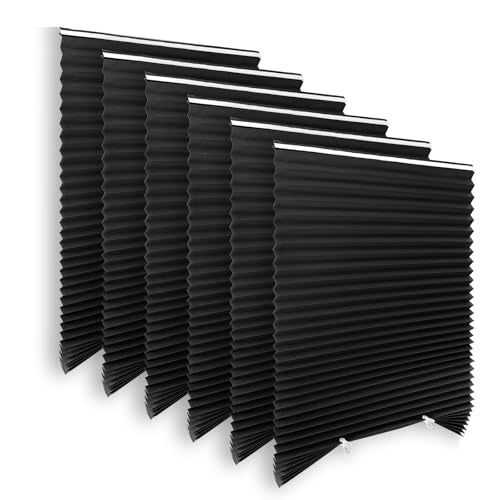 Blackout Paper Window Blinds 36" x 72" - 6 Pack Temporary Cordless Stick On Self-Adhesive No Drill Shades, Darkening Pleated Cover for Bedroom, Kitchen, Patio Door (Black, 100% Paper Material)
