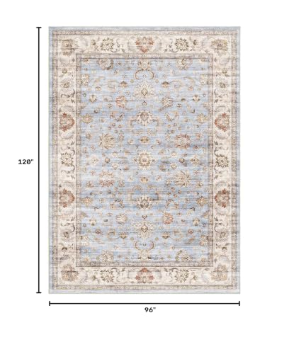 Washable Area Rug 8x10 Non-Slip Floral Dining Carpet, Sky Blue