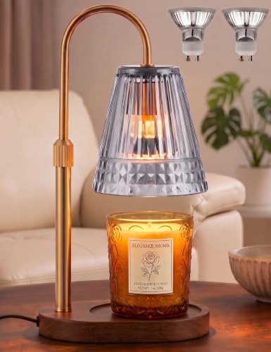 Candle Warmer Lamp with Timer & Dimmer, Light Smoky Grey Glass Candle Lamp Warmer for Jar Candles, Electric Wax Melt Warmer with 2 Bulbs