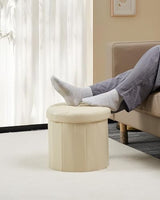 Bsketa Round Storage Ottoman, 14" Folding Leather Foot Rest Stool, Beige