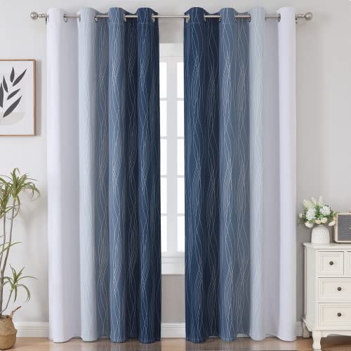 Estelar Textiler Navy Blue and Greyish White Blackout Curtains for Bedroom 84 Inches Long, Full Room Darkening Grommet Curtains for Living Room,Thermal Insulated Ombre Drapes,52Wx84L,2 Panels
