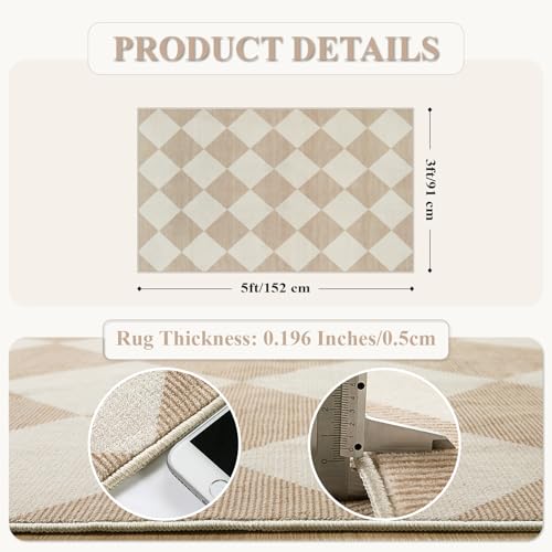 Checkered Print 3x5 Washable Area Rug for Bedroom, Non Slip Ultra Thin Beige Entryway Rug Non Shedding Kitchen Rug 3x5, Modern Checkerboard Carpet Plaid Decor for Bathroom Office Nursery