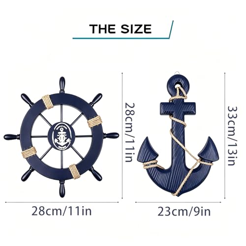 2 Pack 11" Nautical Beach Wooden Ship Wheel and 13" Wooden Anchor with Rope Nautical Boat Steering Wheel Rudder Anchor Wall Art Decor Door Hanging Ornament Beach Theme Home Decoration(Blue)
