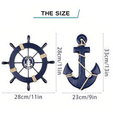 2 Pack 11" Nautical Beach Wooden Ship Wheel and 13" Wooden Anchor with Rope Nautical Boat Steering Wheel Rudder Anchor Wall Art Decor Door Hanging Ornament Beach Theme Home Decoration(Blue)