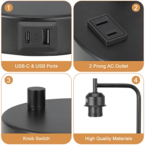 Industrial Bedside Table Lamp for Bedroom - Nightstand Lamps with USB C Charging Port, Fully Dimmable Black Ports and Outlets, Small Desk Glass Shade Office Living Room