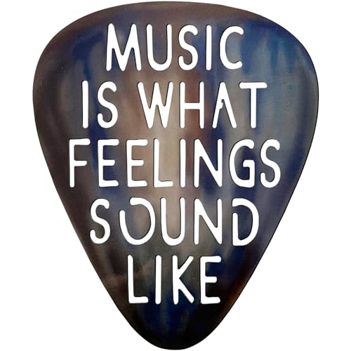 AZEZO Metal Guitar Pick Décor, 12’’x10’’ Music Wall Art, Stainless Guitar Wall Art, Featuring ‘Music Is What Feelings Sound Like’