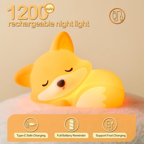 Fox Night Light, LED Squishy Novelty Animal Lamp, Food Grade Silicone, 2 Level Dimmable, Nursery Nightlight for Desk Decor, Funny Gifts Stuff for Boys Girls Baby, White Elephant Gifts