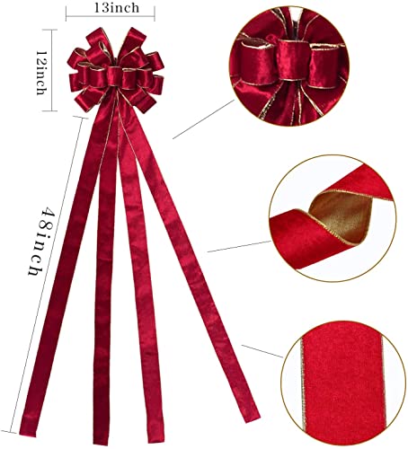 BUVANE Christmas Tree Topper,48x13 Inches Velvet Toppers Bow,Large Decorative Bows for Christmas Decoration (Red)