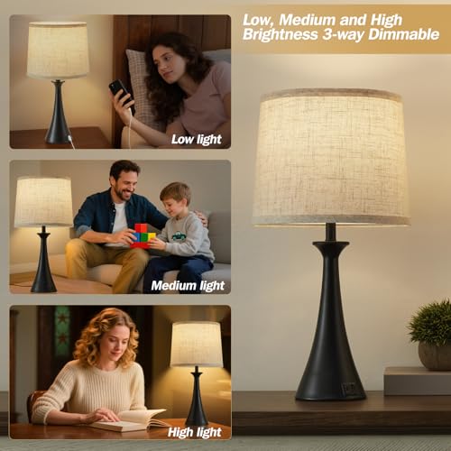 Touch Lamp for Living Room Bedroom, 21" Table Lamps Set of 2 with USB C+A Ports, Touch Bedside Lamps for Nightstand with 3 Way Dimmable, 2 LED Bulbs Included, Black