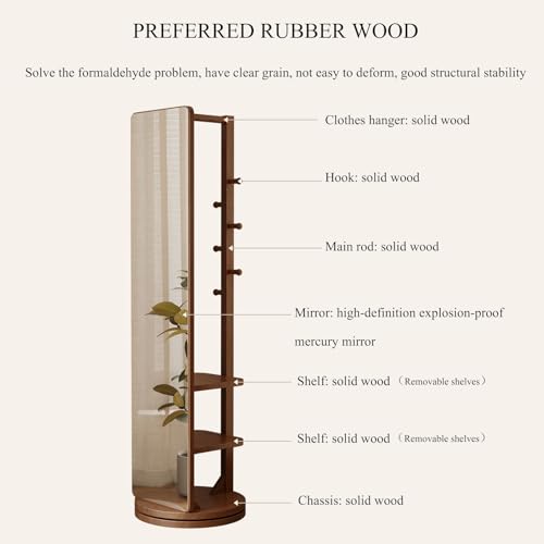 360° Rotatable Full-Length Solid Wood Mirror with Coat Rack | 2-in-1 Floor Standing Makeup & Dressing Mirror for Bedroom, Living Room, Entryway & Cloakroom Storage