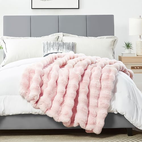 DREAMNINE Soft Faux Bubble Rabbit Fur Throw Blanket for Couch, Thick Cozy Decorative Warm Fuzzy Fur Blanket for Sofa Chair Bedroom Living Room Dorm Women Gift, 50 * 60 Inches, Pink