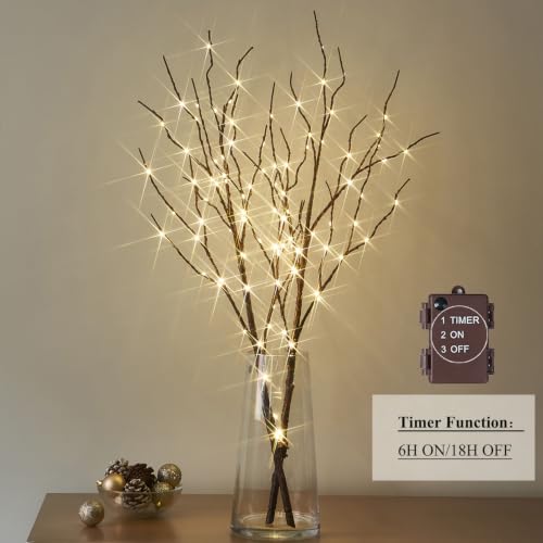 Hairui Lighted Brown Branches Battery Operated with Timer 32IN 100 LED Fairy Lights, Willow Branch Lights for Home Bedroom Fireplace Christmas Holiday Decoration Indoor Outdoor Use (Vase Excluded)