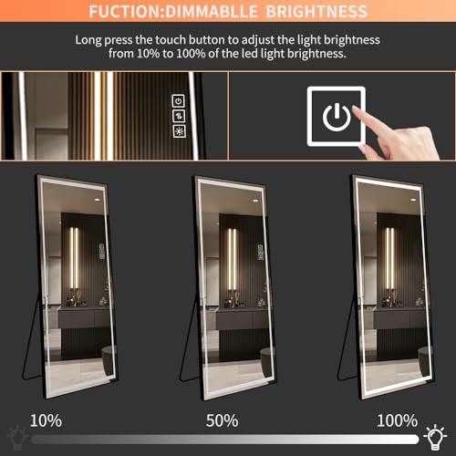 Full-Length LED Mirror with Lights, Wide Standing Dressing Mirror, Large Full-Body Floor Mirror with Dimmable Lighting for Bedroom, Tall Lighted Mirror with Stand or Wall Mount