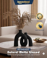 Matte Black Vase Set - Hug Hollow Donut Aesthetic Ceramic Vases Home Decor, Modern Nordic Minimalist Decorative Vase for Table Centerpiece Bookshelf Office Entryway Console Fireplace (Black)