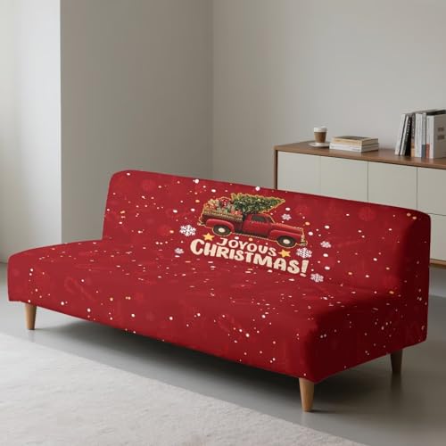 Christmas Truck Futon Slipcover Armless Futon Bed Sofa Cover Furniture Protector with Elastic Bottom, Soft and Washable Futon Covers for Sofa Bed