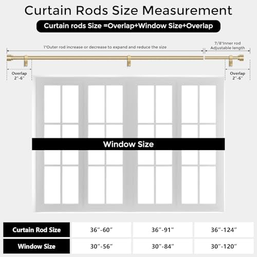 Modern Gold Curtain Rods for Windows 48 to 84 Inch, 1" Diameter Adjustable Heavy Duty Window Curtain Pole with Matte Gold End Cap Finials, Decorative Drapery Rods for Living Room, Bedroom