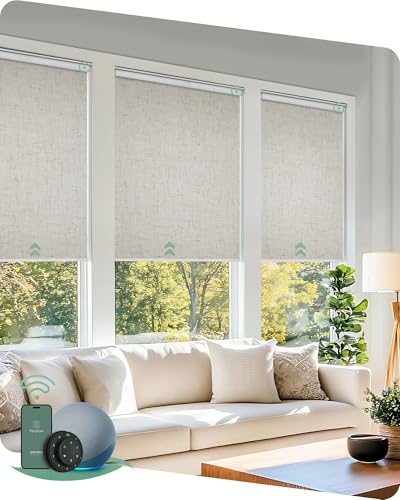 Yoolax Motorized Blinds with Remote, 100% Blackout Smart Roller Shades Work with Alexa, Google, Apple Home, Custom Automatic Shades with Voice Control for Bedroom Office (Linen Beige)
