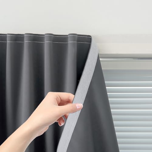 Magic Tape Stick On Curtains Window Shades Pull Down Blackout Window Cover Blackout Curtains for Bedroom No Drillng Self Adhesive Curtains No Rod, 35" W X 59" L, Grey, 1 Panel