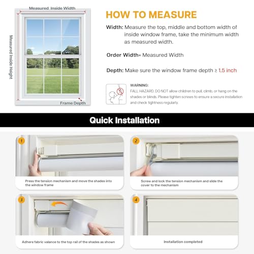 LazBlinds No Drill Blackout Roller Shades, 35" W x 72" H, White | Cordless, Thermal Insulated Fabric, UV Protection, For Indoor Windows, For Home and Office