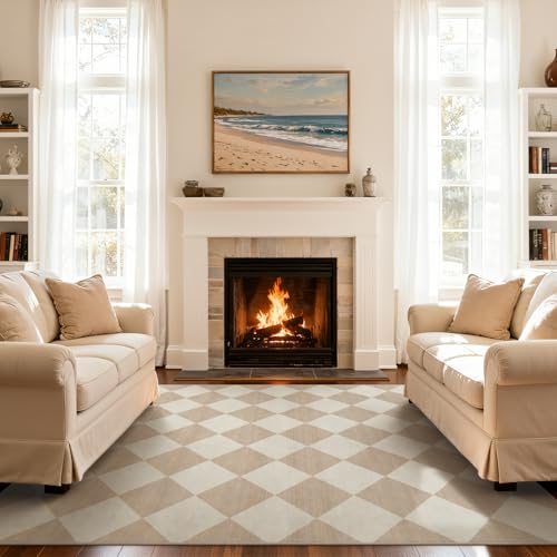 Checkered Print Living Room Rugs 8x10, Moroccan Beige Washable Area Rug 8X 10 Non Slip Soft Bedroom Carpet, Geometric Plaid Aesthetic Decor Ultra Thin Large Carpet for Dining Room Office