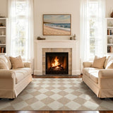 Checkered Print Living Room Rugs 8x10, Moroccan Beige Washable Area Rug 8X 10 Non Slip Soft Bedroom Carpet, Geometric Plaid Aesthetic Decor Ultra Thin Large Carpet for Dining Room Office