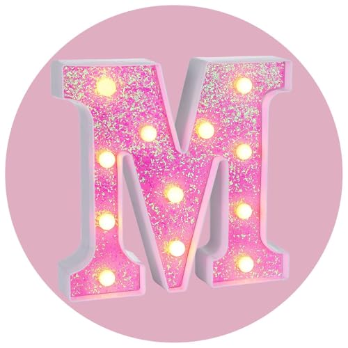 Foaky Pink Light up Letters，Pink Party Decorations,Girls Room Decor,Glitter Light Up Letters,Alphabet Letter Sign for Night Light Birthday Party Girls Gifts, Home Bar Decoration（M）