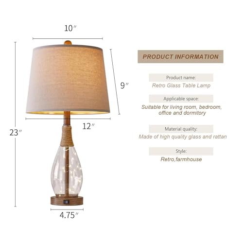 Bedside Table Lamps Set of 2 with USB, Modern Bedside Lamps Retro Farmhouse Rattan Glass Nightstand Nightlight Lamps for Bedroom Living Room Dorm,Two Light Points