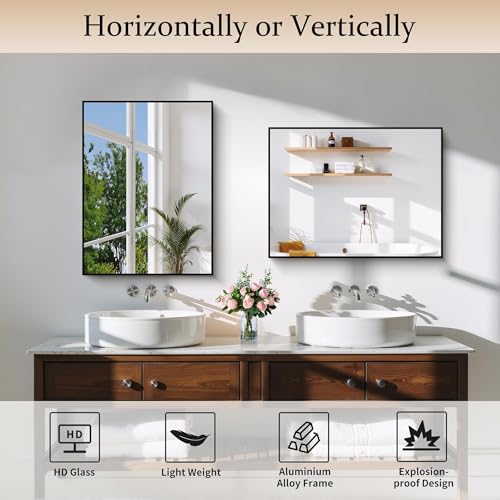 COFENY Black Bathroom Mirror for Wall, 18x24 Inch Rectangle Mirror with Metal Frame, Modern Vanity Mirrors for Bathroom Living Room, Entryway Hangs Horizontal or Vertical