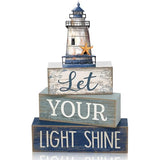 Lineshading 4 Pcs Beach Coastal Table Decor Wooden Lighthouse Decoration with Starfish Summer Tiered Tray Decor Blue and White Ocean Centerpieces Rustic Beach House Nautical Decorations for Home Shelf