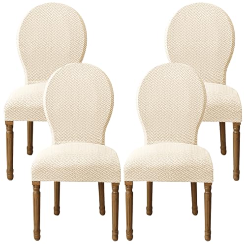 Jacquard Dining Chair Covers Set of 4, Stretch Round Back Chair Cover for Dining Room French Country Dining Chairs Slipcovers for Home Kitchen Hotel Banquet, Beige