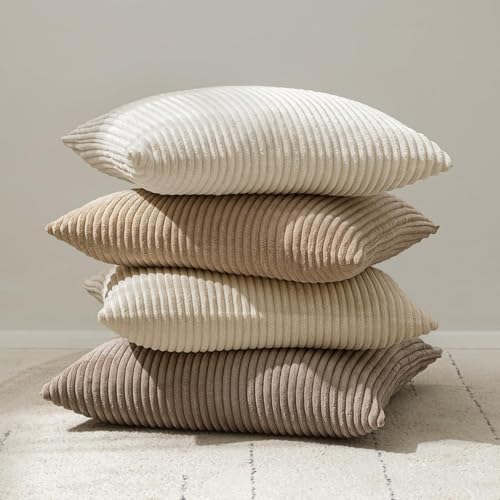 MIULEE Decorative Corduroy Pillow Covers Soft Solid Pack of 2 Cushion Cases Boho Square Throw Pillow Covers Cream White Boho Pillowcases for Couch Chair Sofa Bed Living Room Home Decor 18 x 18 Inch