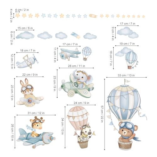 wondever Watercolor Hot Air Balloon Animals Wall Stickers Airplane Bear Elephant Cloud Peel and Stick Wall Art Decals for Kids Baby Nursery Bedroom