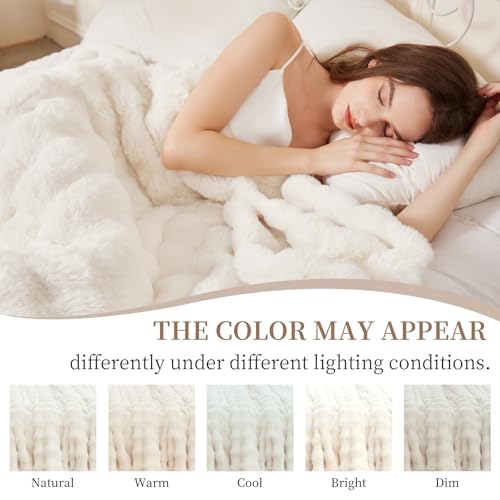 Faux Rabbit Fur Throw Blanket for Couch, Fluffy Warm Plush Thick Bubble Blanket for Bed Sofa Living Room, Soft Cozy Furry Blanket Home Decor, 50x60 inches, Cream White